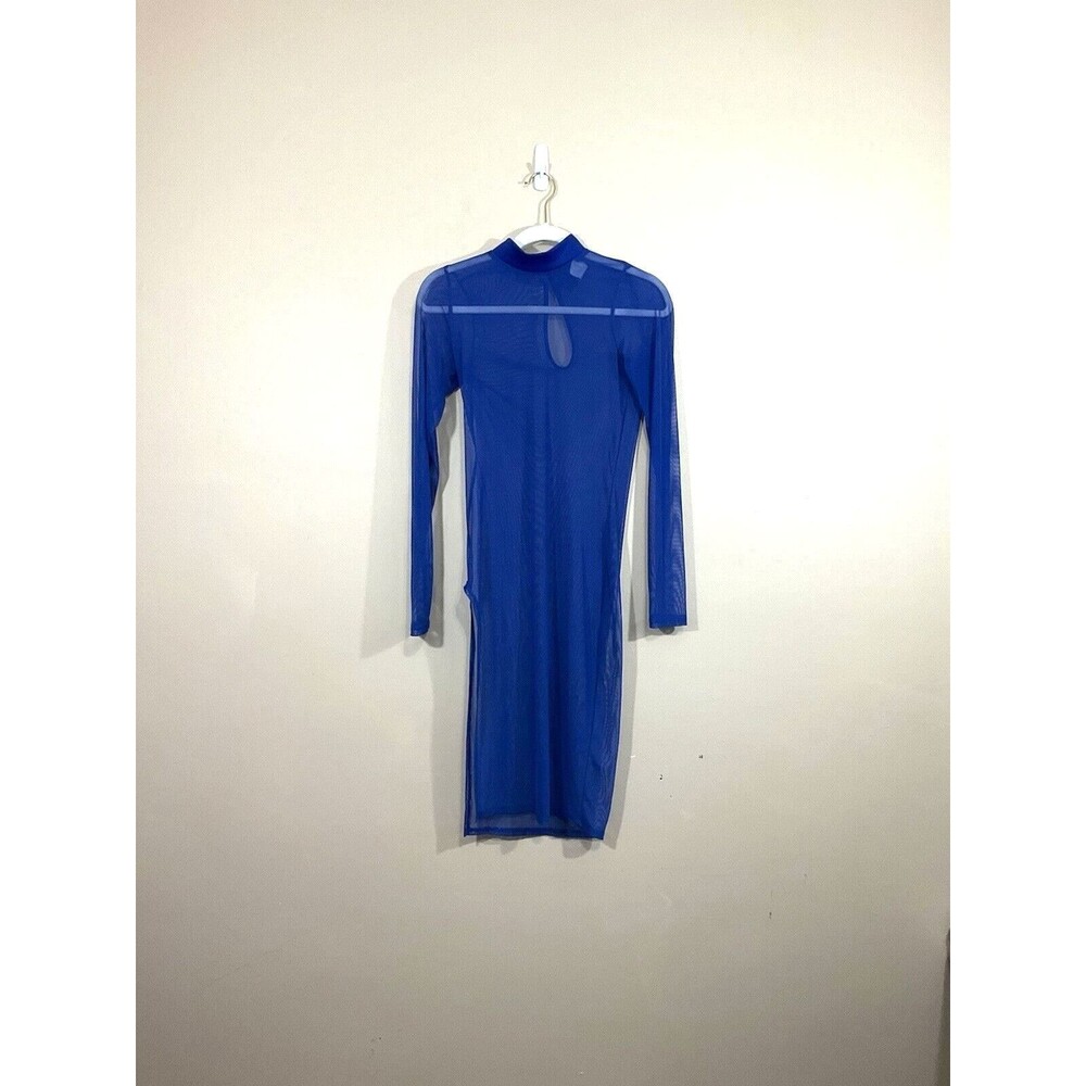 WTD Womens Sheer Mesh Midi Dress M Blue Side Slit Mock Neck Club Rave Party